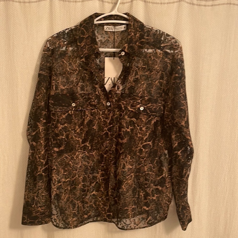 Lace snakeskin button-up blouse